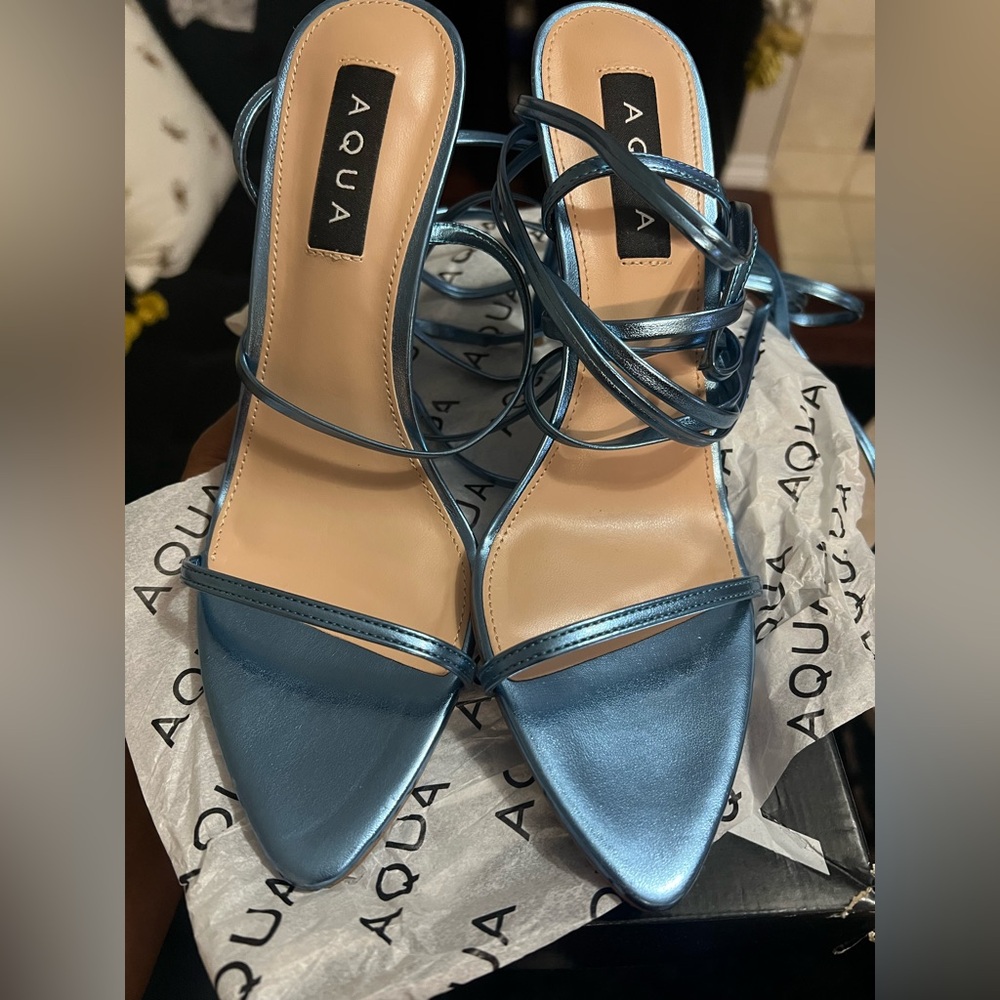 Aqua Metallic Blue Strappy Sandals